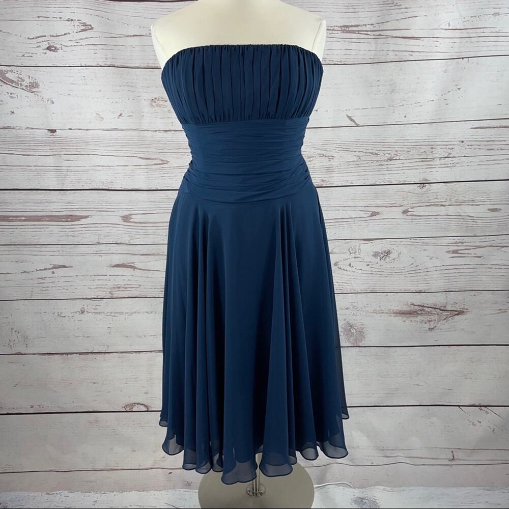 B2 navy strapless ruched fit and flare flowing dress